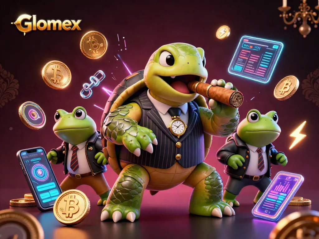 Glomex energizes gameplay with vibrant casino characters and crypto elements in this dynamic illustration.