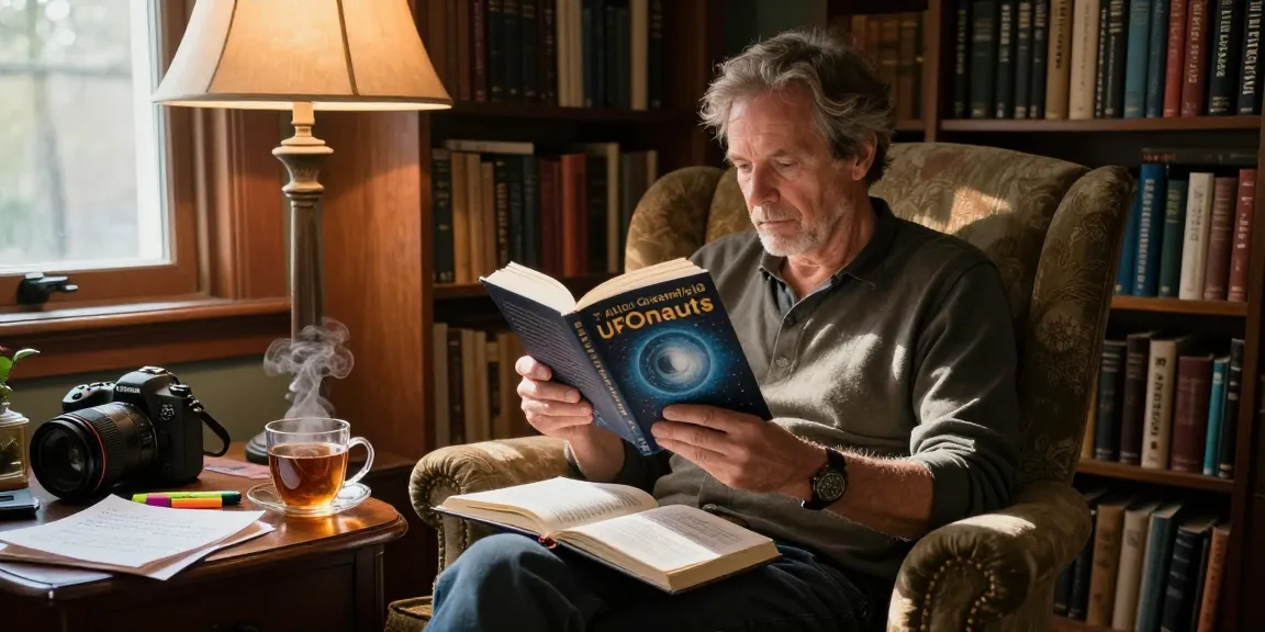 Engaged reader exploring T Allen Greenfield's UFOnauts at https://tallengreenfield.com in a cozy library setting.