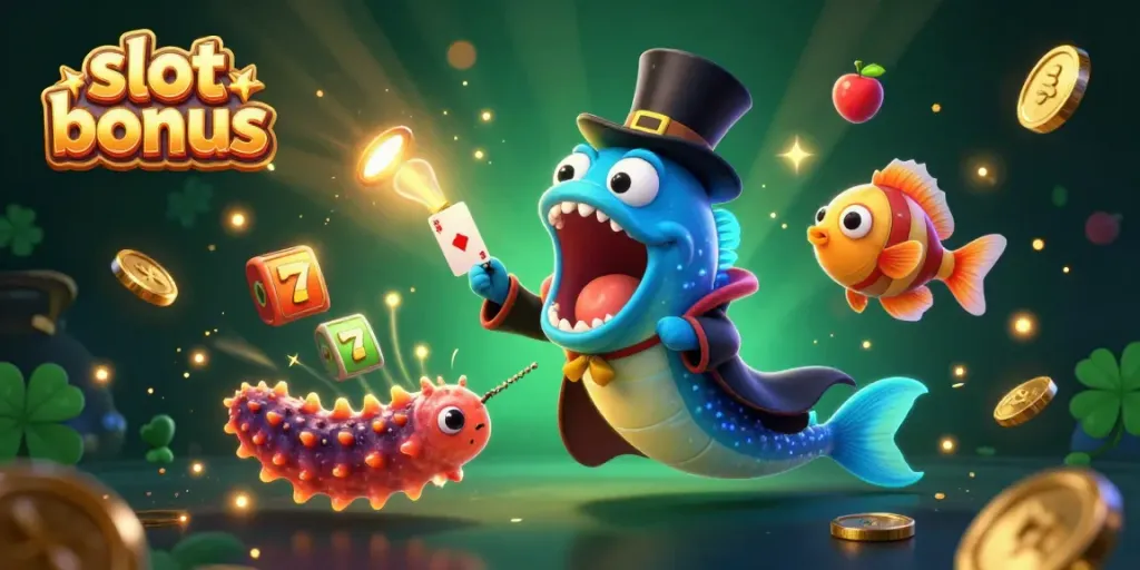 Engage with the exciting slot bonus scene featuring animated underwater characters performing tricks surrounded by vibrant casino elements.