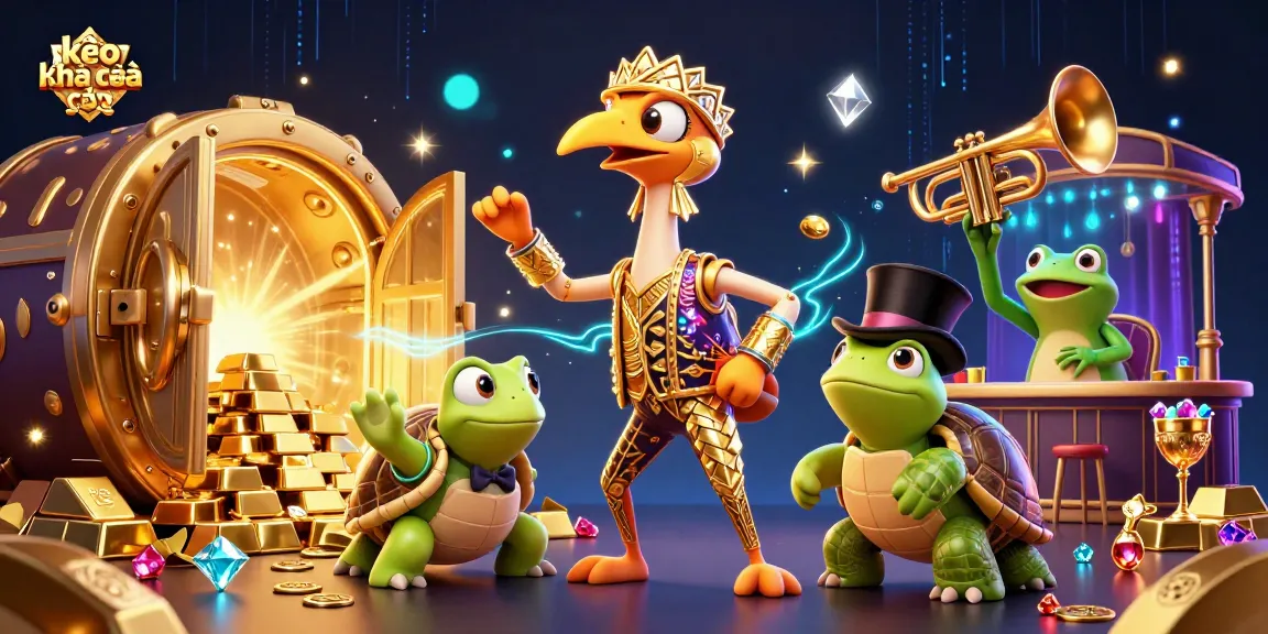 Engage with kèo nhà cái in a dazzling 3D cartoon scene filled with golden treasures and vibrant characters.