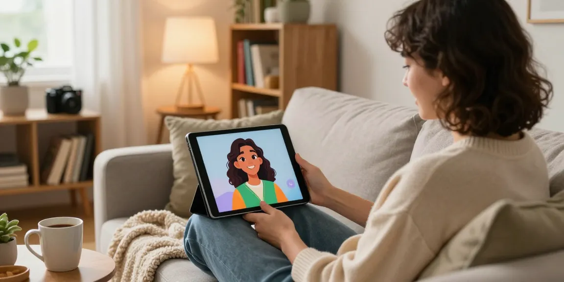 Engaging conversation with an AI girlfriend in a cozy living room.