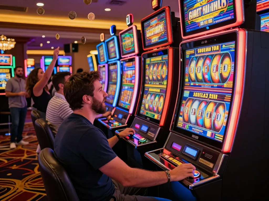 Rasakan keseruan Slot Demo dengan mesin yang hidup dan pemain antusias di kasino.