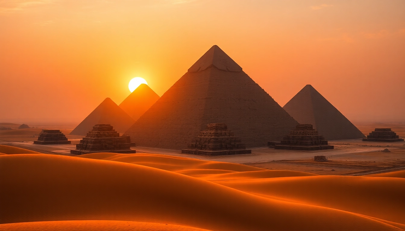 View the majestic Giza pyramids under sunset lighting on https://piraminds.com/, where ancient history comes alive.