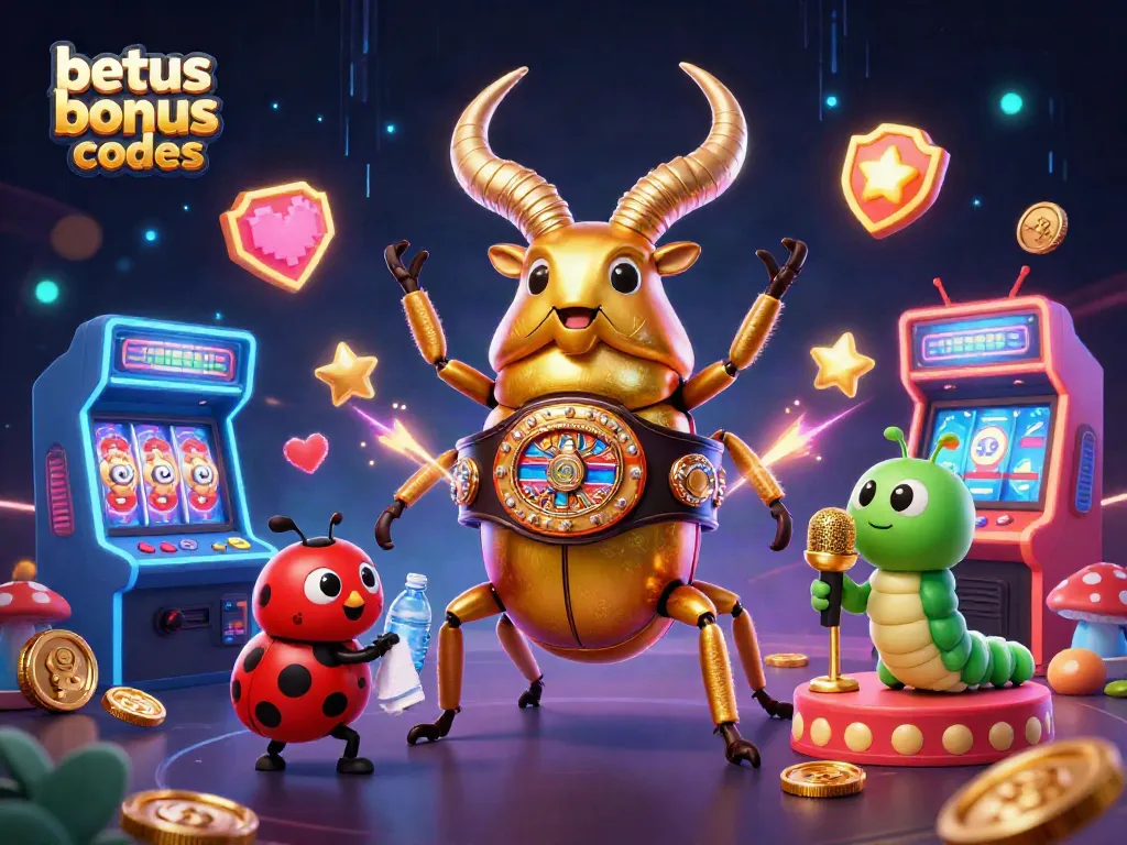 Engaging illustration showcasing betus bonus codes with a vibrant casino scene featuring a giant stag beetle and gaming elements.