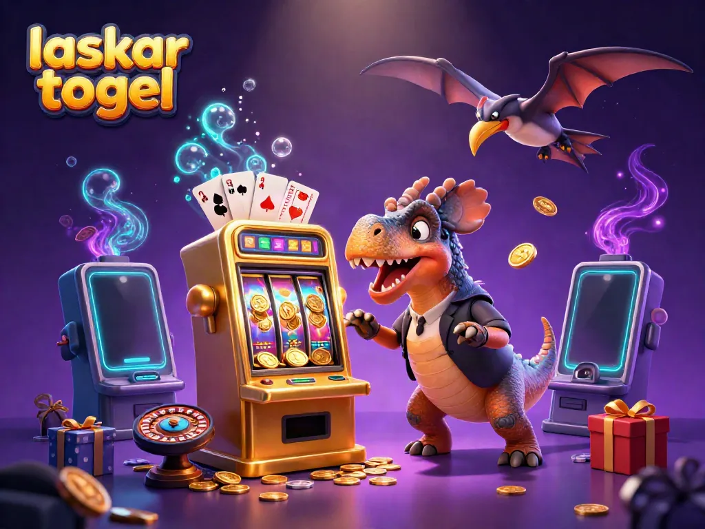 Experience the excitement of laskar togel with a vibrant 3D scene of dinosaurs and a golden slot machine erupting with coins.
