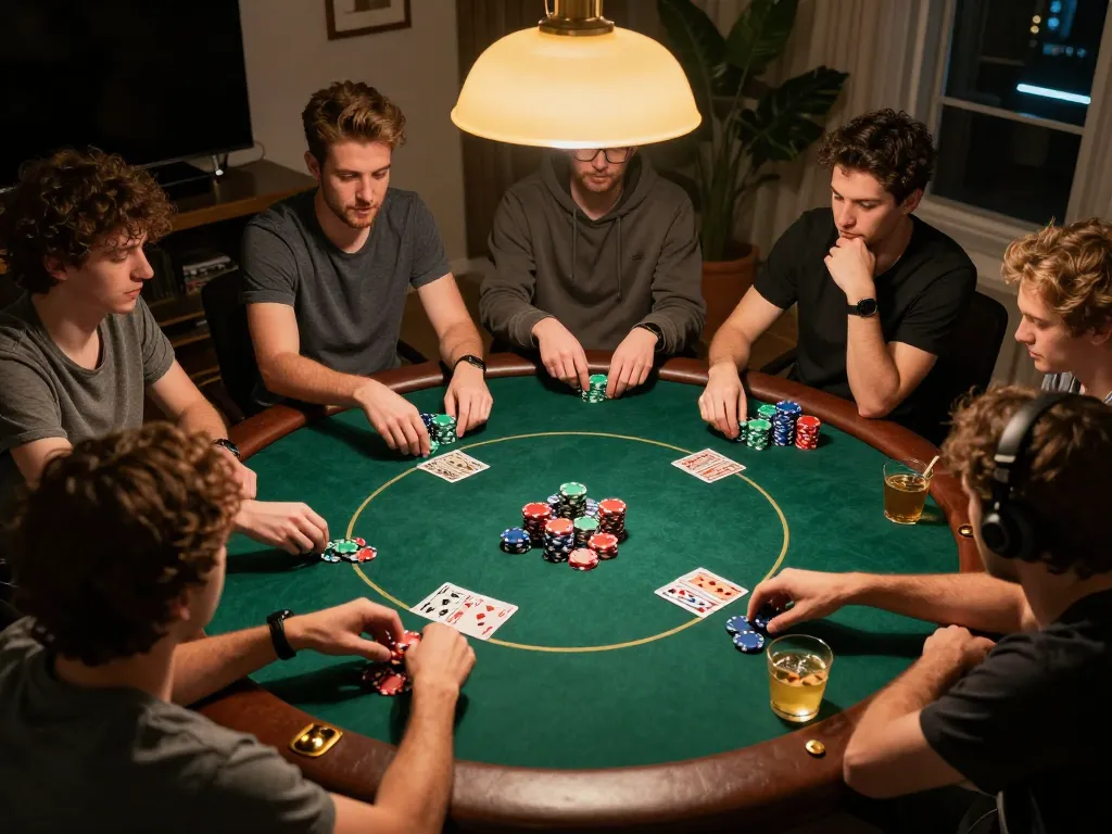 Enjoying a thrilling poker game night at home with friends, featuring tip88 chips.