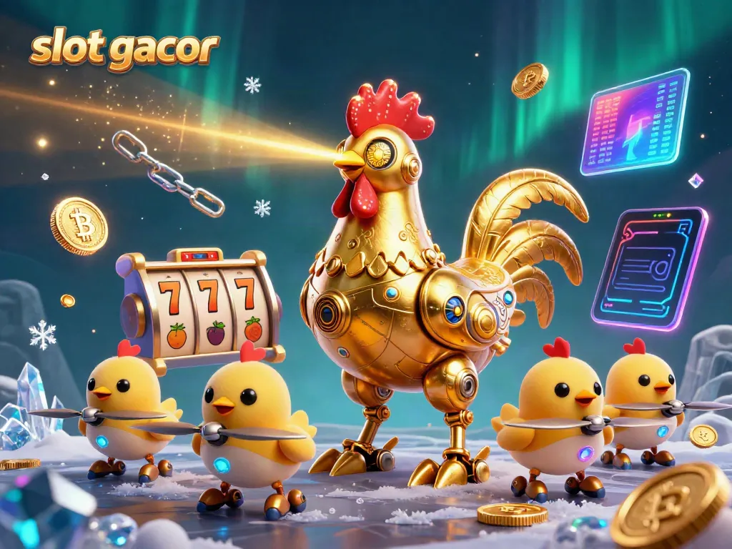 Engage with slot gacor's thrilling visuals featuring a futuristic rooster robot and golden coins.