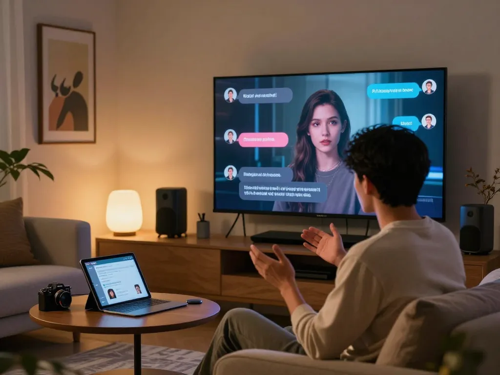Engaging in ai sex chat with a realistic AI companion in a stylish living room setting.