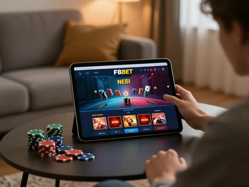 F8BET online casino gaming on tablet, showcasing a player diving into betting adventures at home.