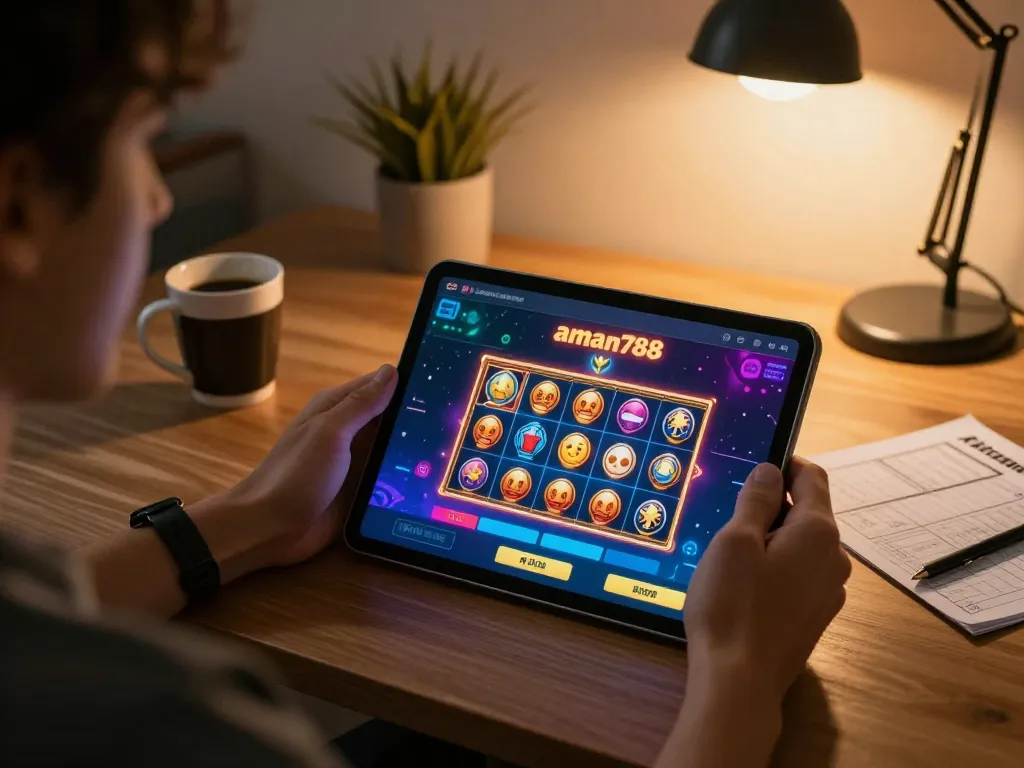 Seorang pemain menikmati aplikasi kasino aman788 di tablet di rumah, menunjukkan perjudian online yang bertanggung jawab.