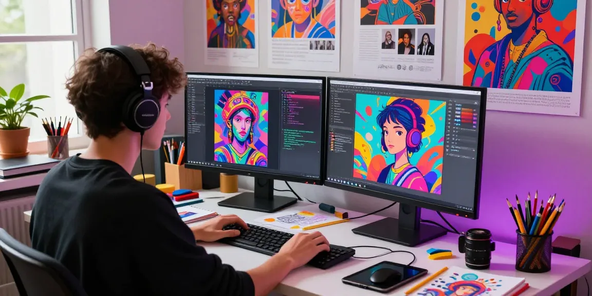 Creator developing NSFW AI content in a vibrant digital art studio, dual screens showcasing colorful graphics.
