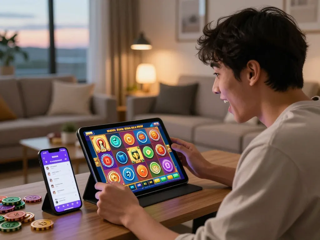 Pemain berinteraksi dengan permainan link slot gaco yang cerah di tablet dalam suasana ruang tamu yang nyaman.