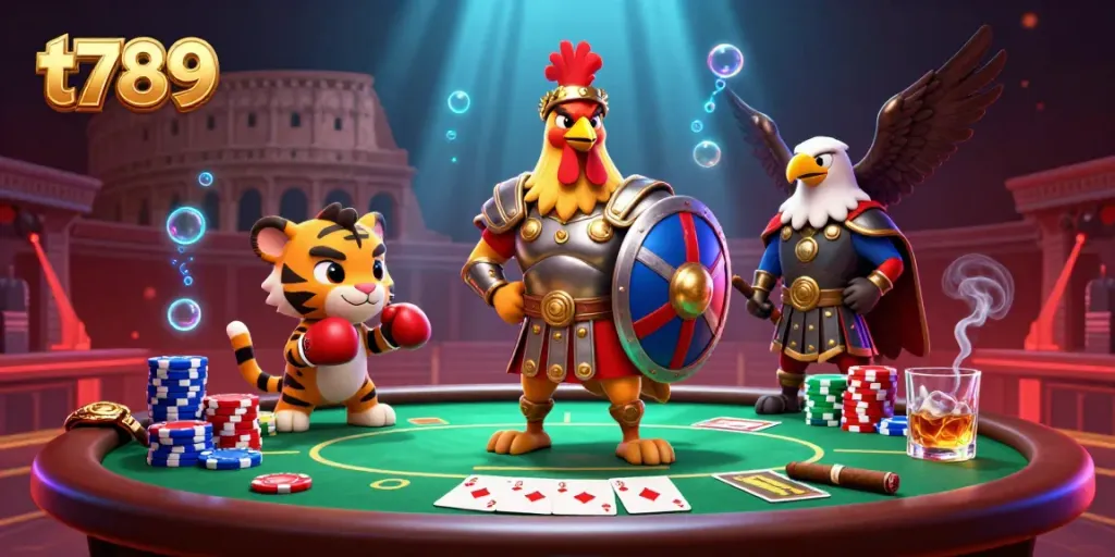 Experience the thrill of t789 gaming with a gladiator rooster and tiger in an electrifying casino scene.