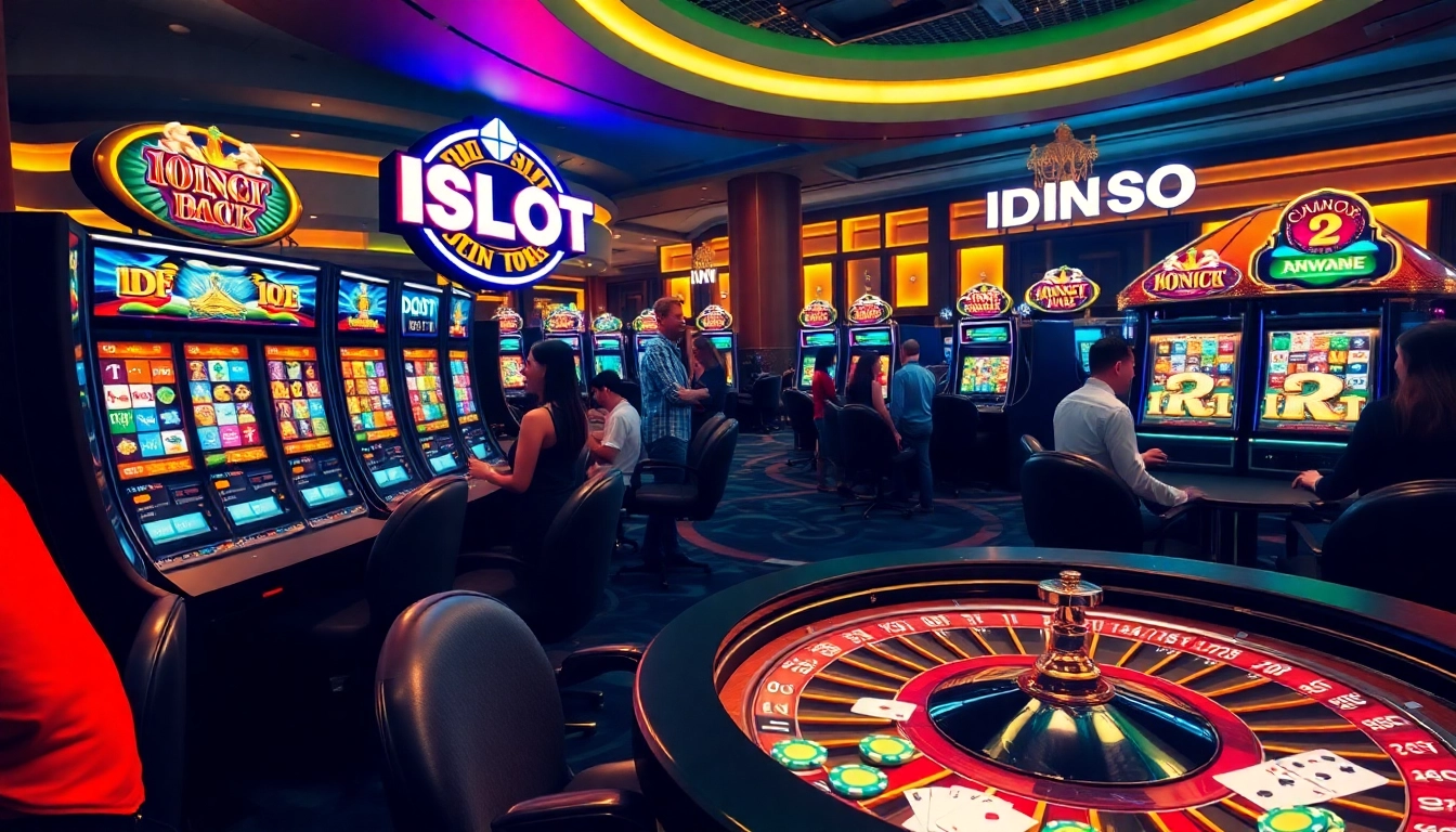 Players winning on IDNSLOT slot machines in a vibrant casino atmosphere.