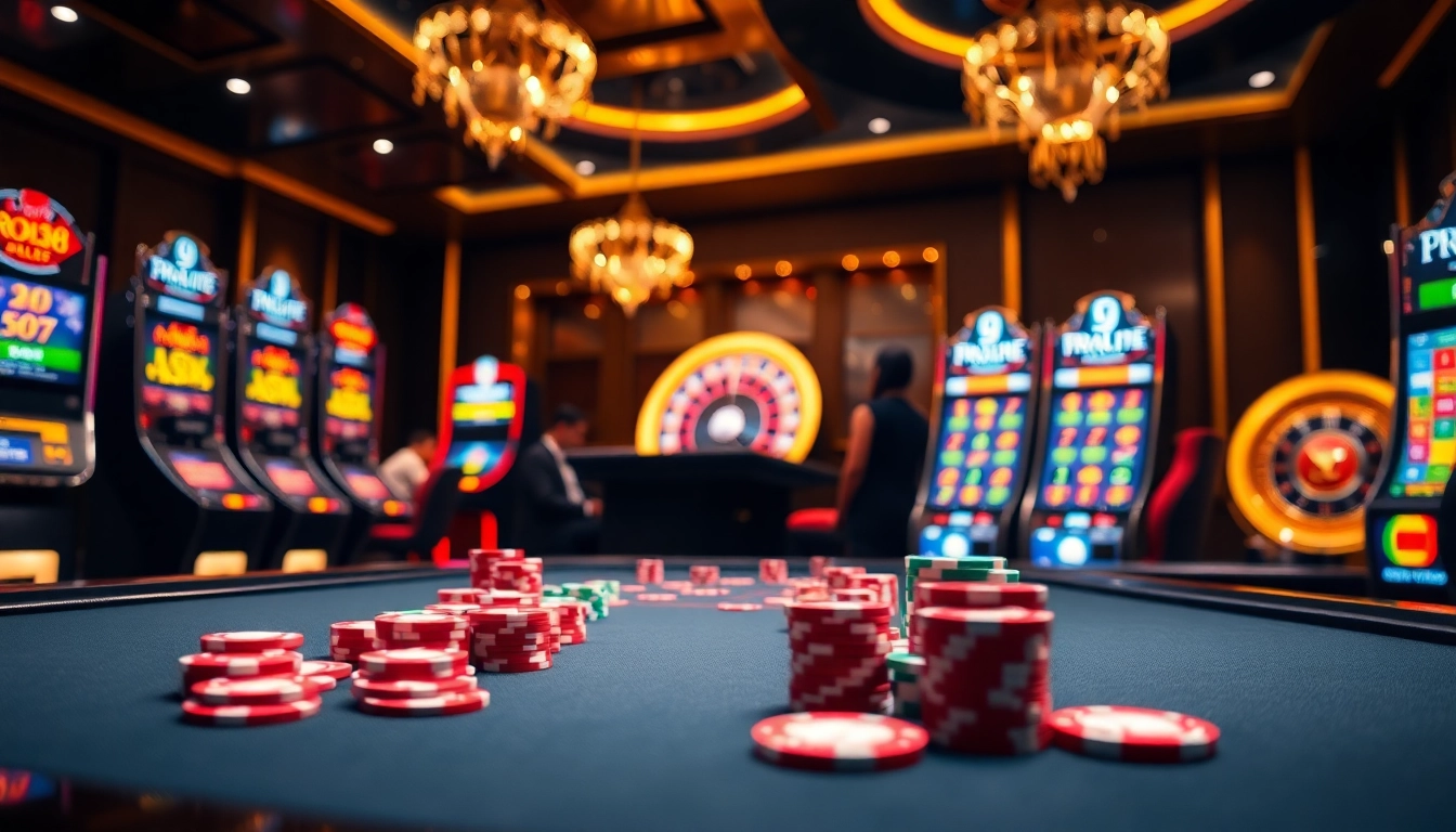 Engaging players enjoying bro138 slot games at a luxurious casino table with vibrant poker chips and flashing slot machines.