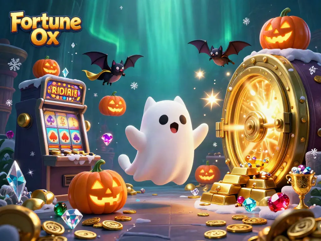 โชคดีจาก Fortune Ox ในภาพ 3D ที่มีแมวผีและค้างคาวในคาสิโนที่เต็มไปด้วยสมบัติ