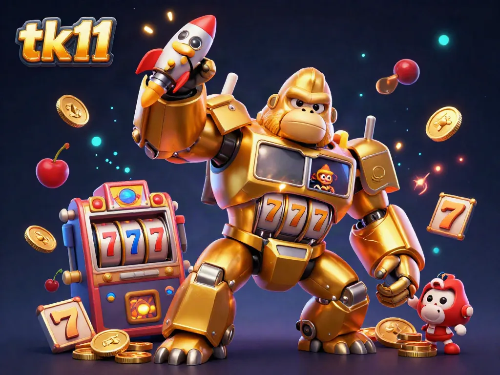 Experience the thrill of tk11 with a captivating golden gorilla mech and vibrant slot machine elements.
