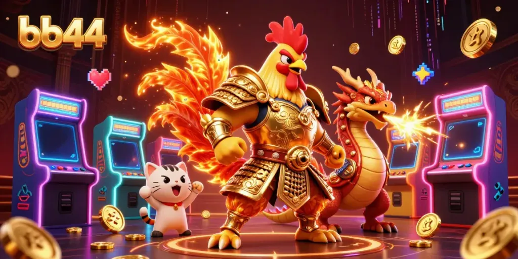Engage with thrilling bb44 gaming action featuring a warrior rooster and dragon hatchling in a vibrant scene