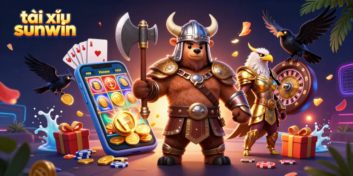 Play tài xỉu sunwin casino games with engaging 3D characters and dynamic betting elements in this illustration.