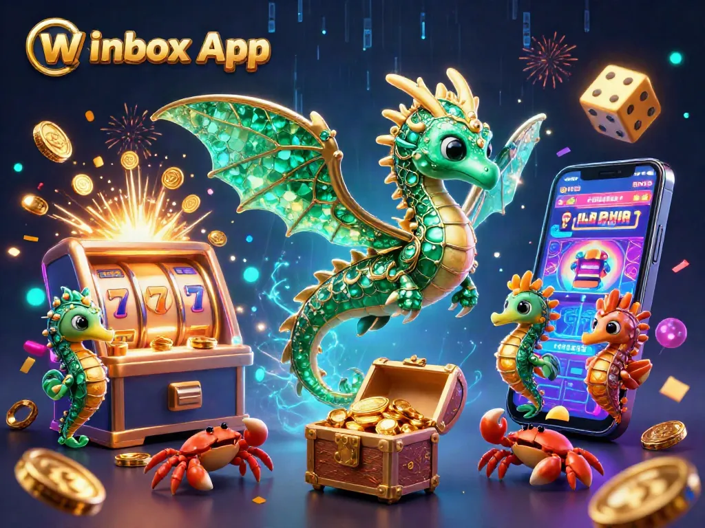 Winbox App captures thrilling casino excitement with a dazzling 3D sea dragon and slot symbols.