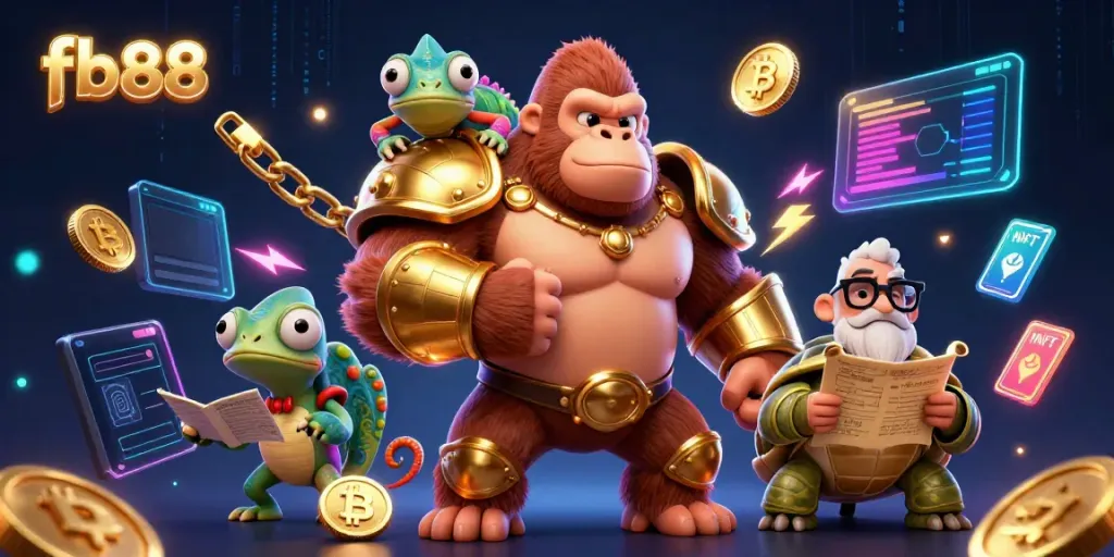 Experience the exciting world of fb88 with a dynamic casino scene featuring vibrant characters and crypto elements.