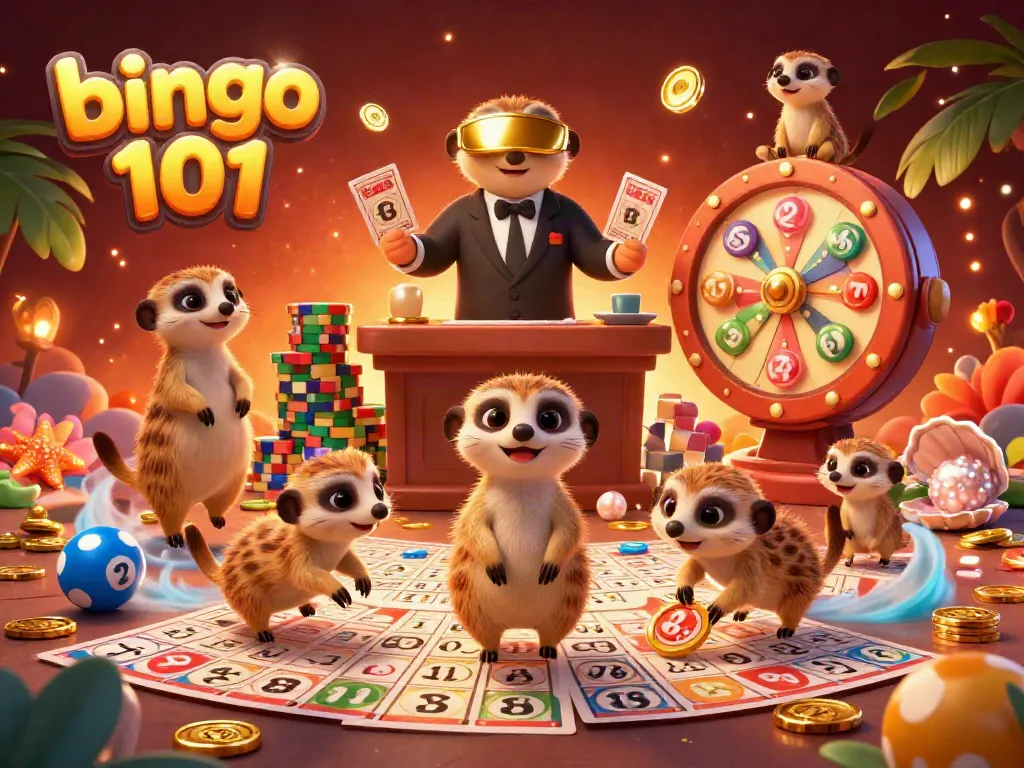 Experience bingo 101 excitement with a vibrant meerkat casino scene, featuring bingo balls and rewards.