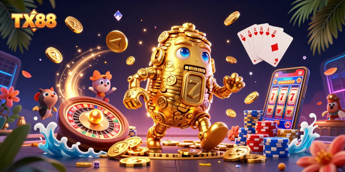 Experience the excitement of TX88 with vibrant casino elements and a dynamic golden golem.