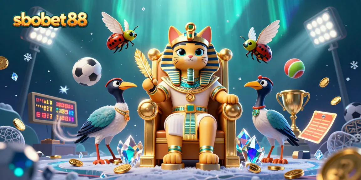 Bet on sbobet88 with a 3D cartoon pharaoh cat and sports elements in a vibrant casino scene.