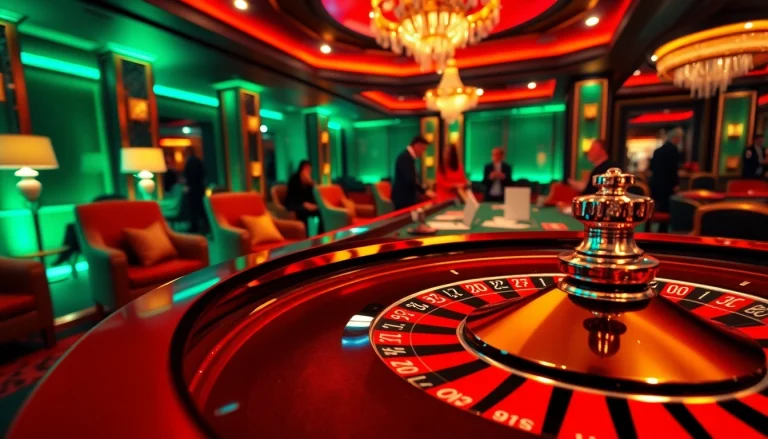 Engage with the thrilling atmosphere of a Casino featuring an elegant roulette game.