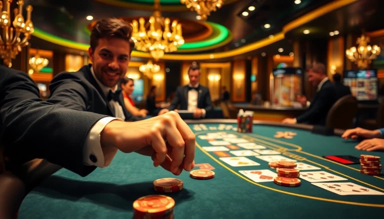 Experience excitement at a Blackjack Casino table with engaging players and vibrant game atmosphere.