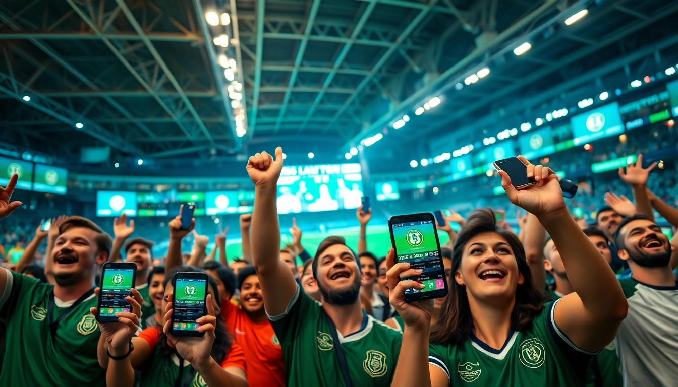Engaged fans celebrating Sports Betting during an exciting match with live odds on mobile devices.