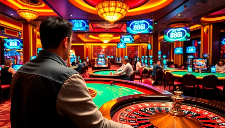 Exciting gaming at 88i casino with roulette and poker tables, vibrant atmosphere and high stakes.