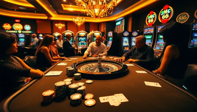 Experience the excitement of MB66 with luxurious poker and roulette tables in a vibrant casino setting.