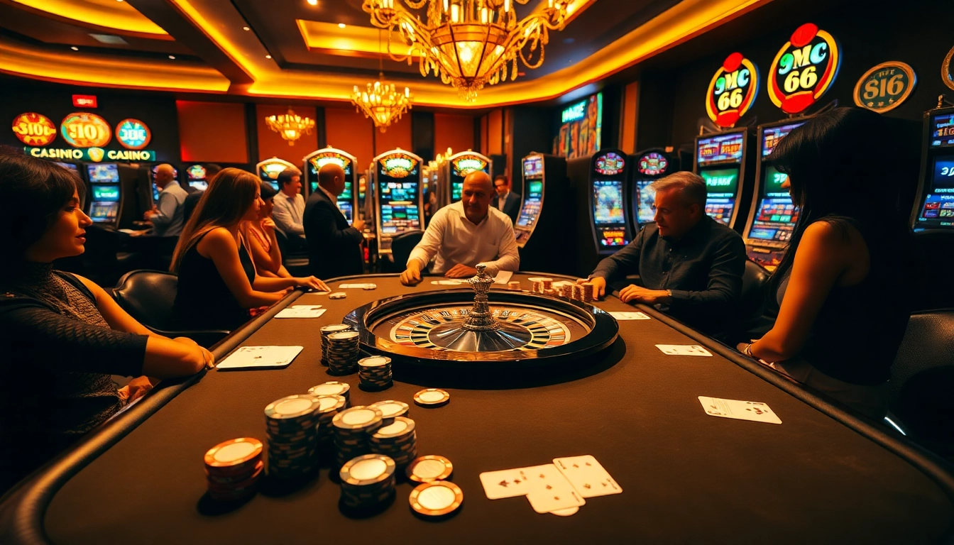 Experience the excitement of MB66 with luxurious poker and roulette tables in a vibrant casino setting.
