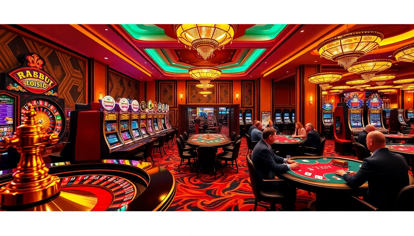 A lively scene at RR 88 showcasing players enjoying casino games with vibrant slot machines and poker tables.