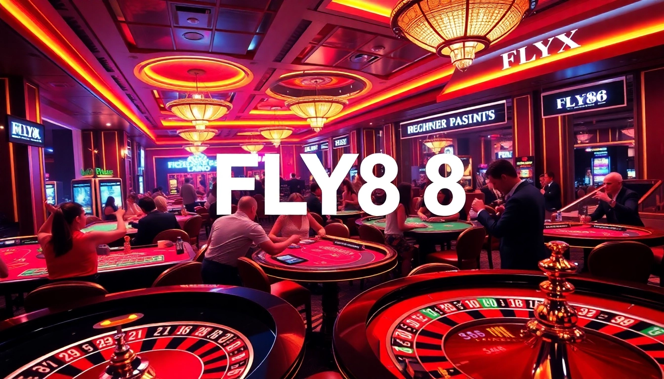 Experience the thrill of FLY88 gaming with lively players at a luxurious casino.