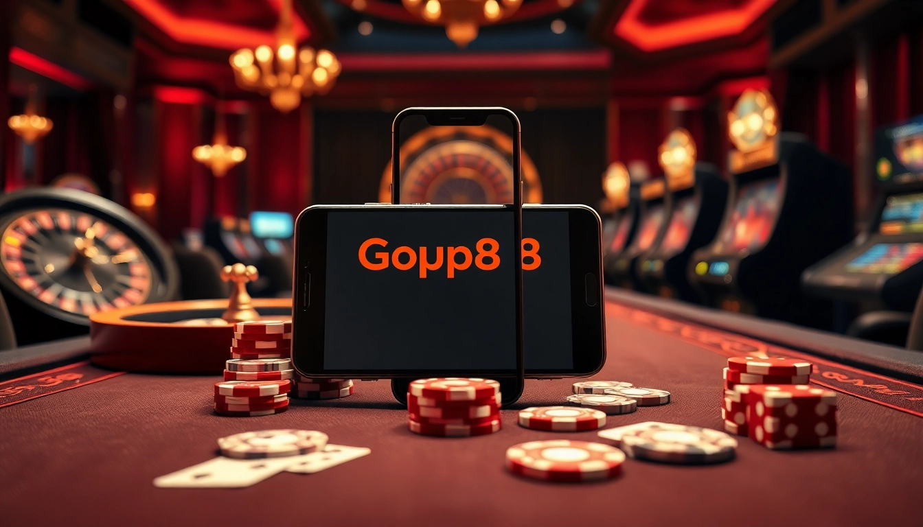 Experience the thrilling world of gambling with Gopay88 showcased on a sleek mobile interface amidst luxurious casino elements.