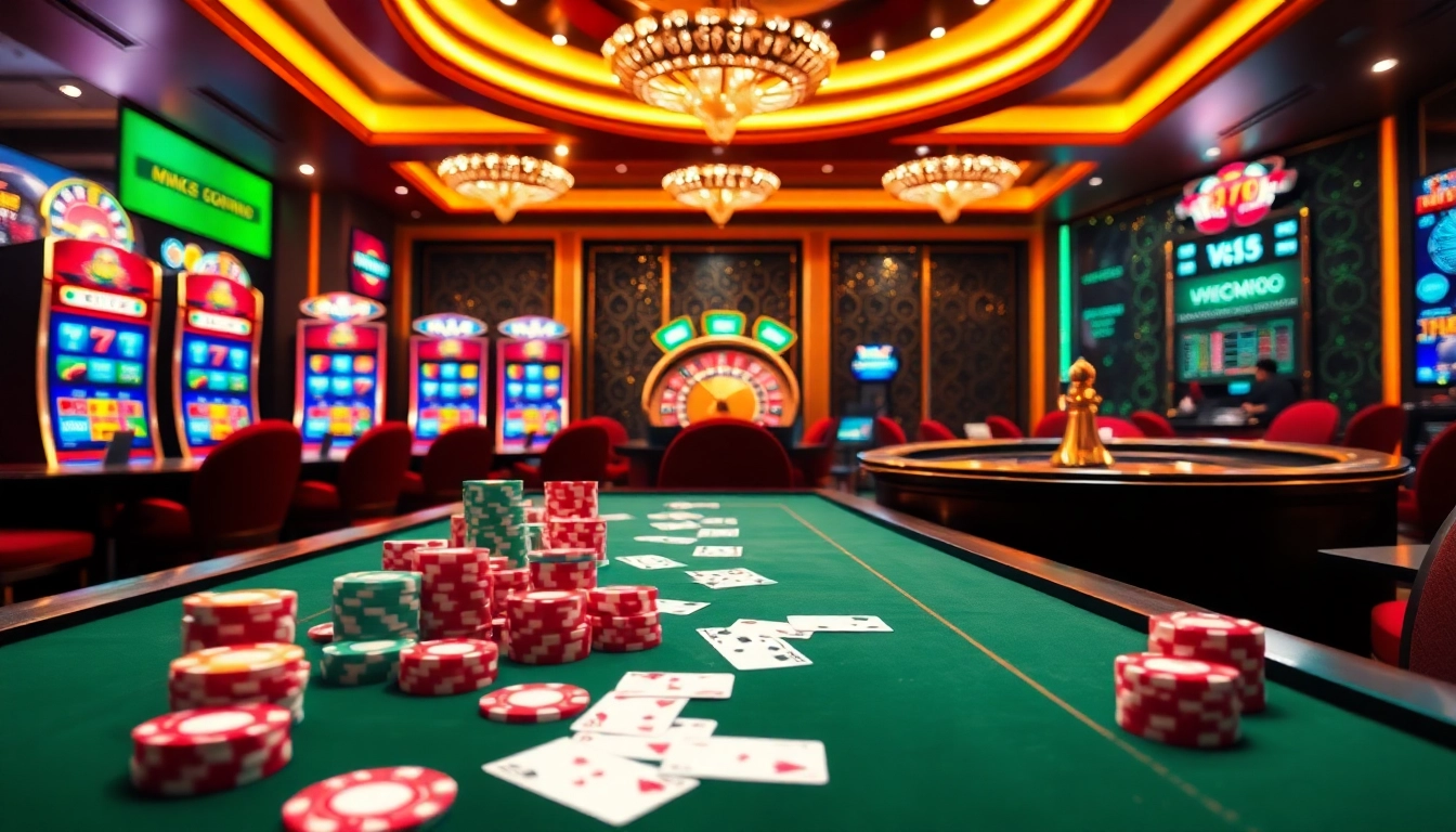 Man88 casino scene showcasing vibrant poker chips and slot machines in a luxurious atmosphere.