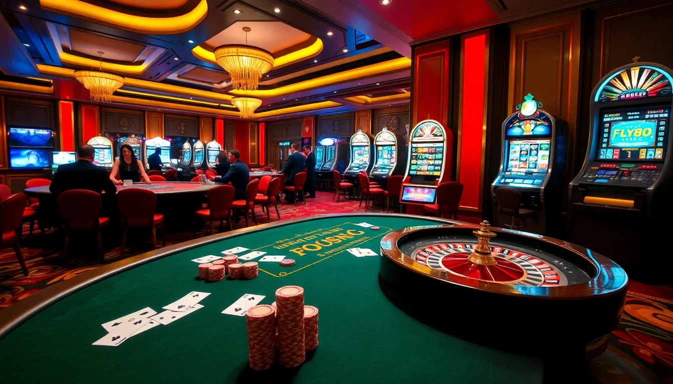 Experience thrilling games at FLY88's luxury casino with vibrant tables and slot machines.
