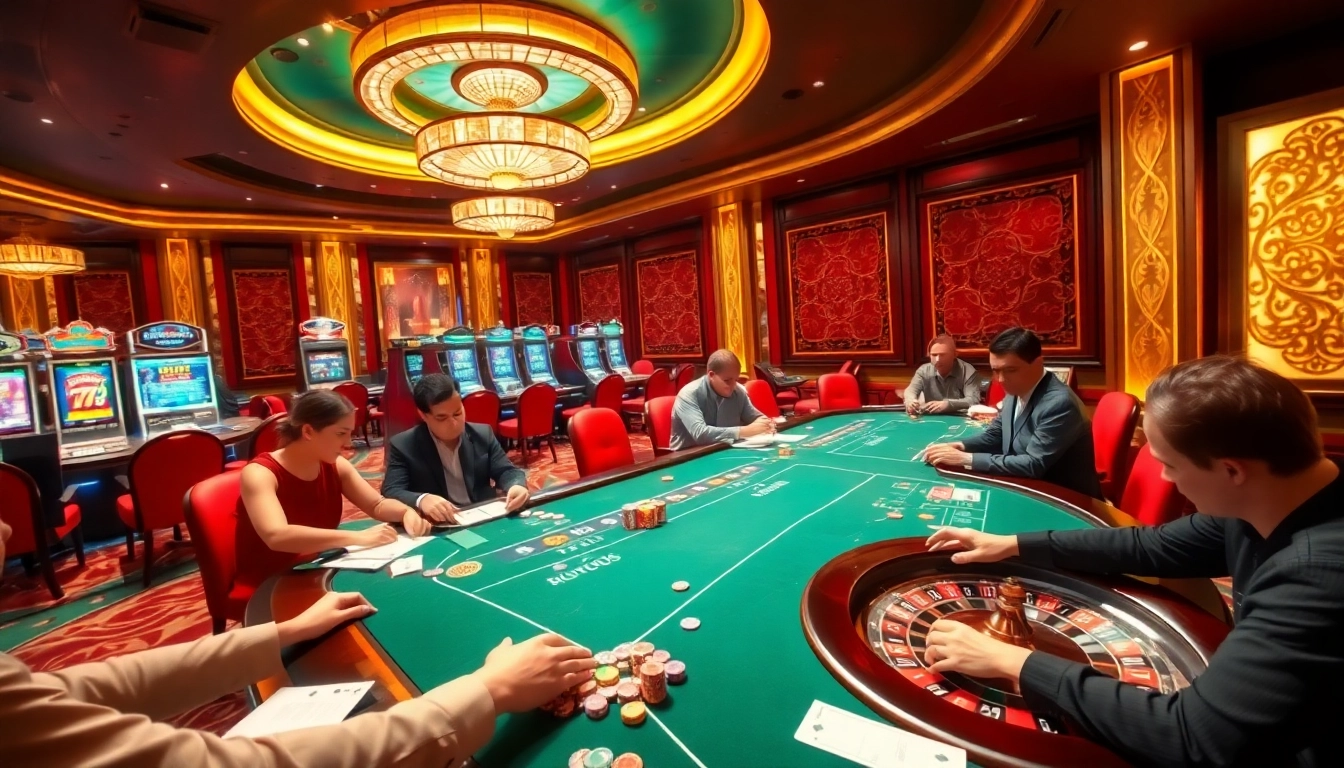 Exciting VIP casino scene showcasing gambling action at vipwin79.net featuring sleek card tables and slot machines.
