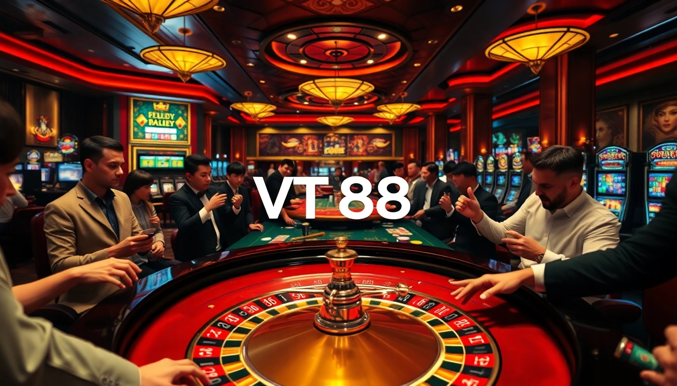 Engaged players at a roulette table in a luxurious casino featuring the VT 88 logo, conveying excitement and professionalism.