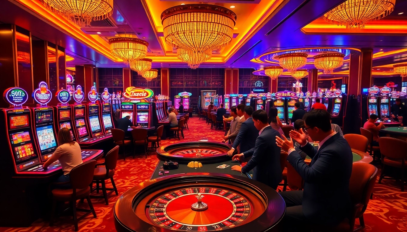 Exciting gameplay at uu88 casino with vibrant slot machines and poker tables.