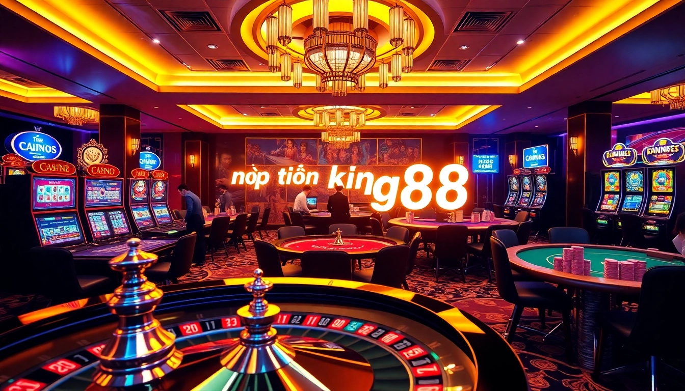Experience seamless nạp tiền king88 in a luxurious online casino with vibrant slot machines and poker chips.
