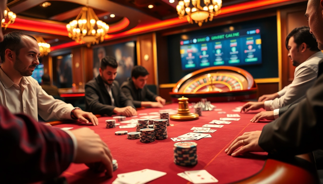 Engaged players at an i9bet ren poker table, showcasing chips, cards, and excitement.