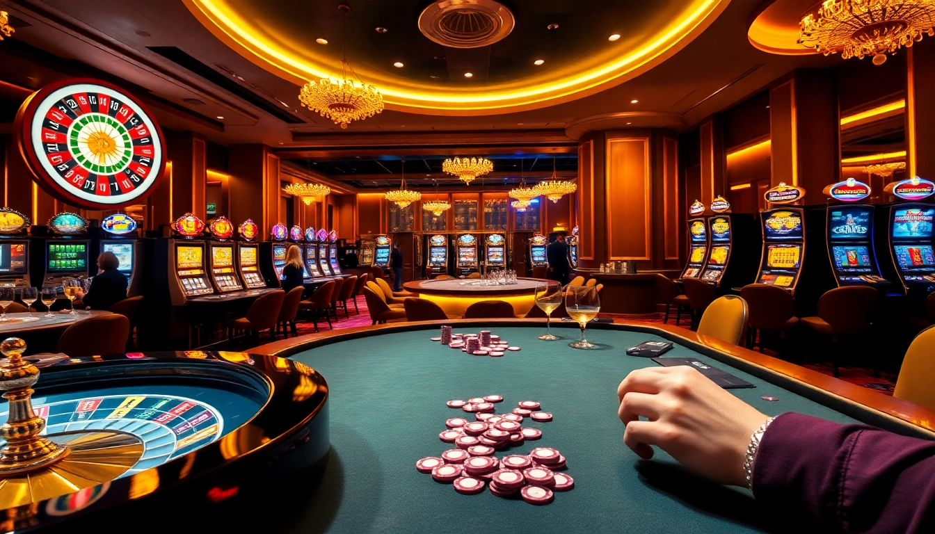 Experience the thrill of luxury12 in a vibrant casino scene with roulette and poker games.