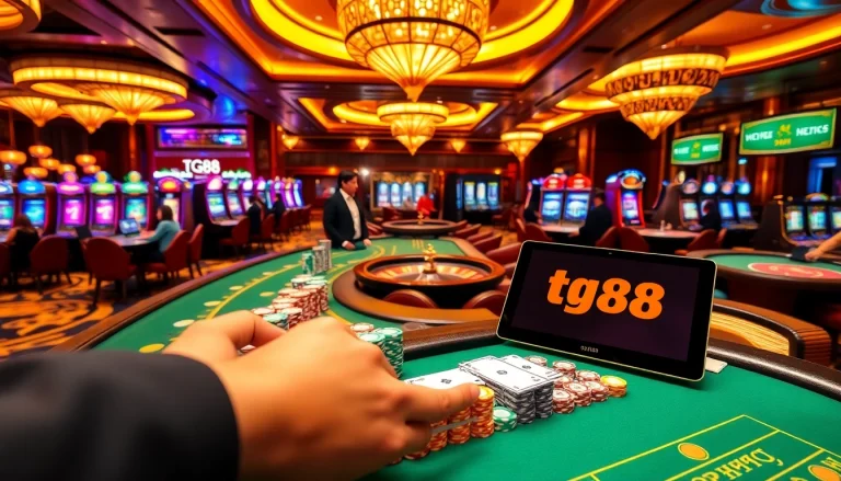 Players enjoying an exciting game at a luxurious casino featuring tg88 themed tables and vibrant slot machines.