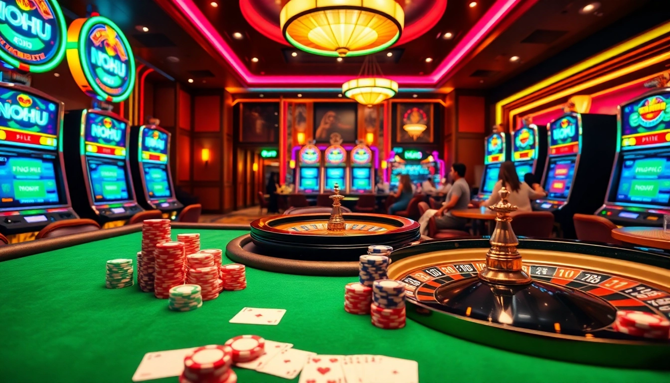 NOHU gaming excitement with vibrant casino tables, chips, and slot machines.