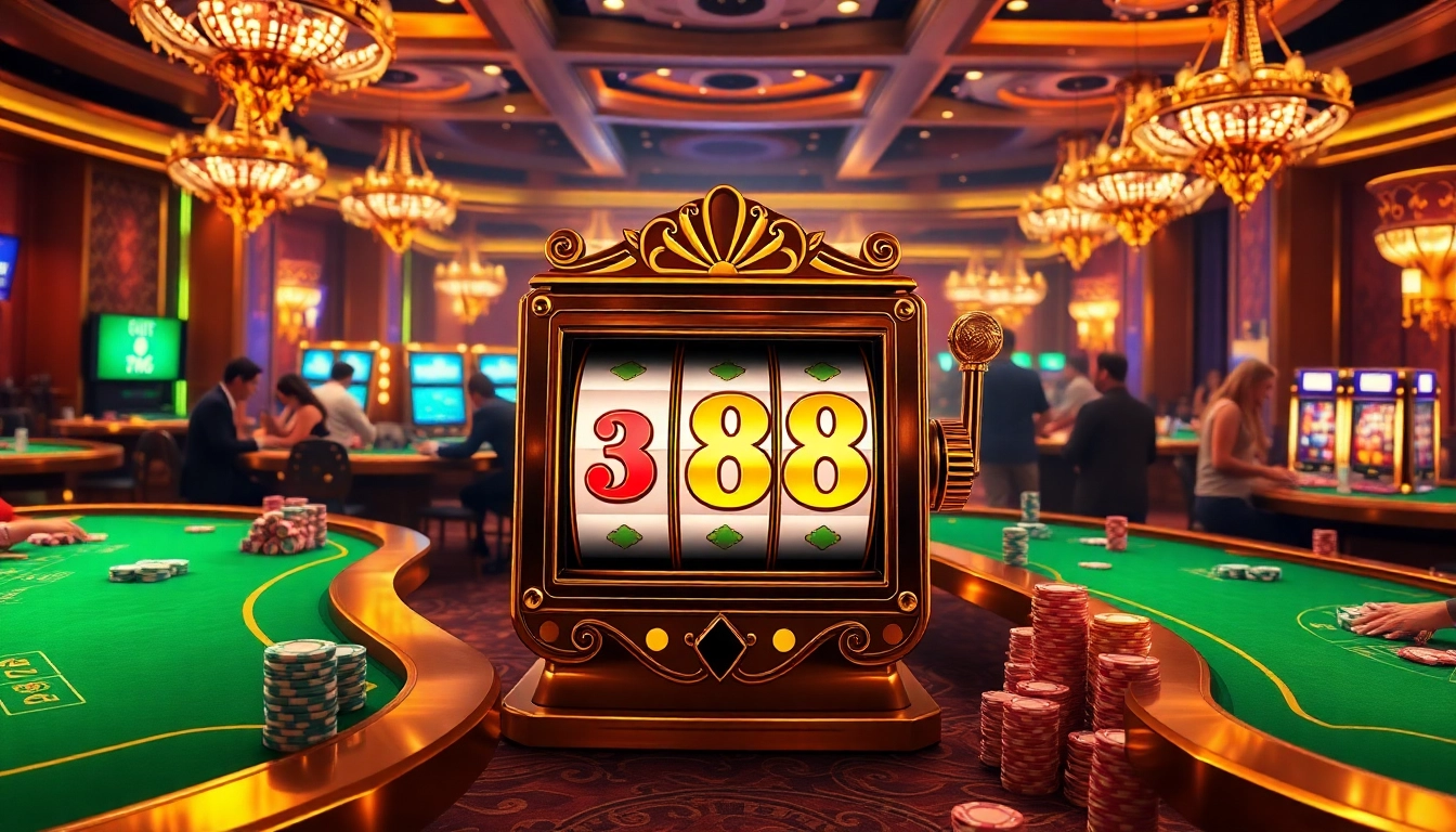 Excited players engaging with the Slot88 luxury slot machine at a vibrant casino.
