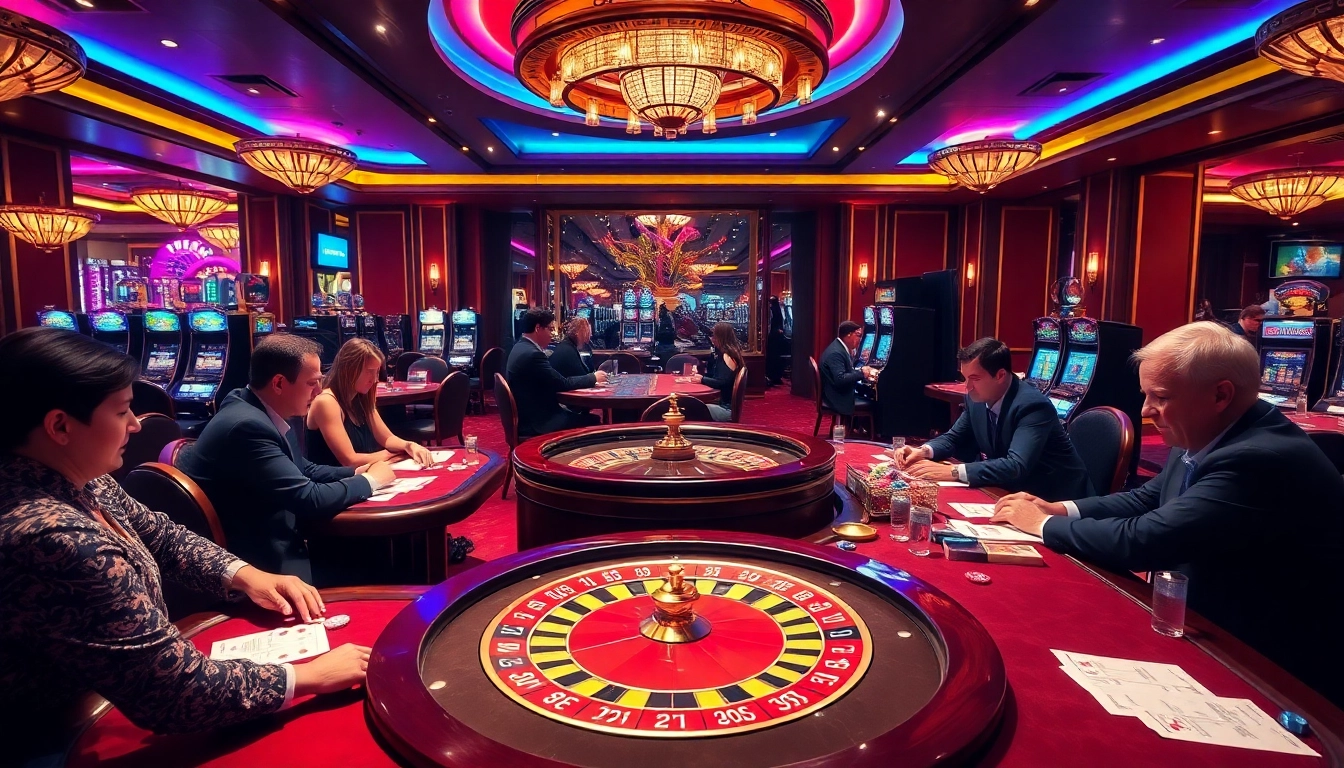 Engaging gamebai players at a luxurious casino, showcasing exciting card games and vibrant interiors.