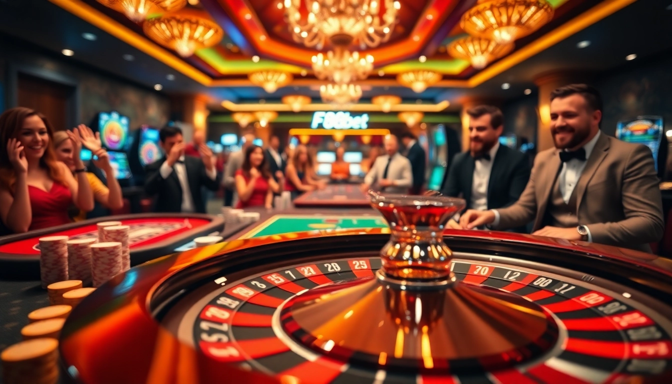 Experience the excitement of the F8bet casino with vibrant gaming visuals, poker chips, and a spinning roulette wheel.